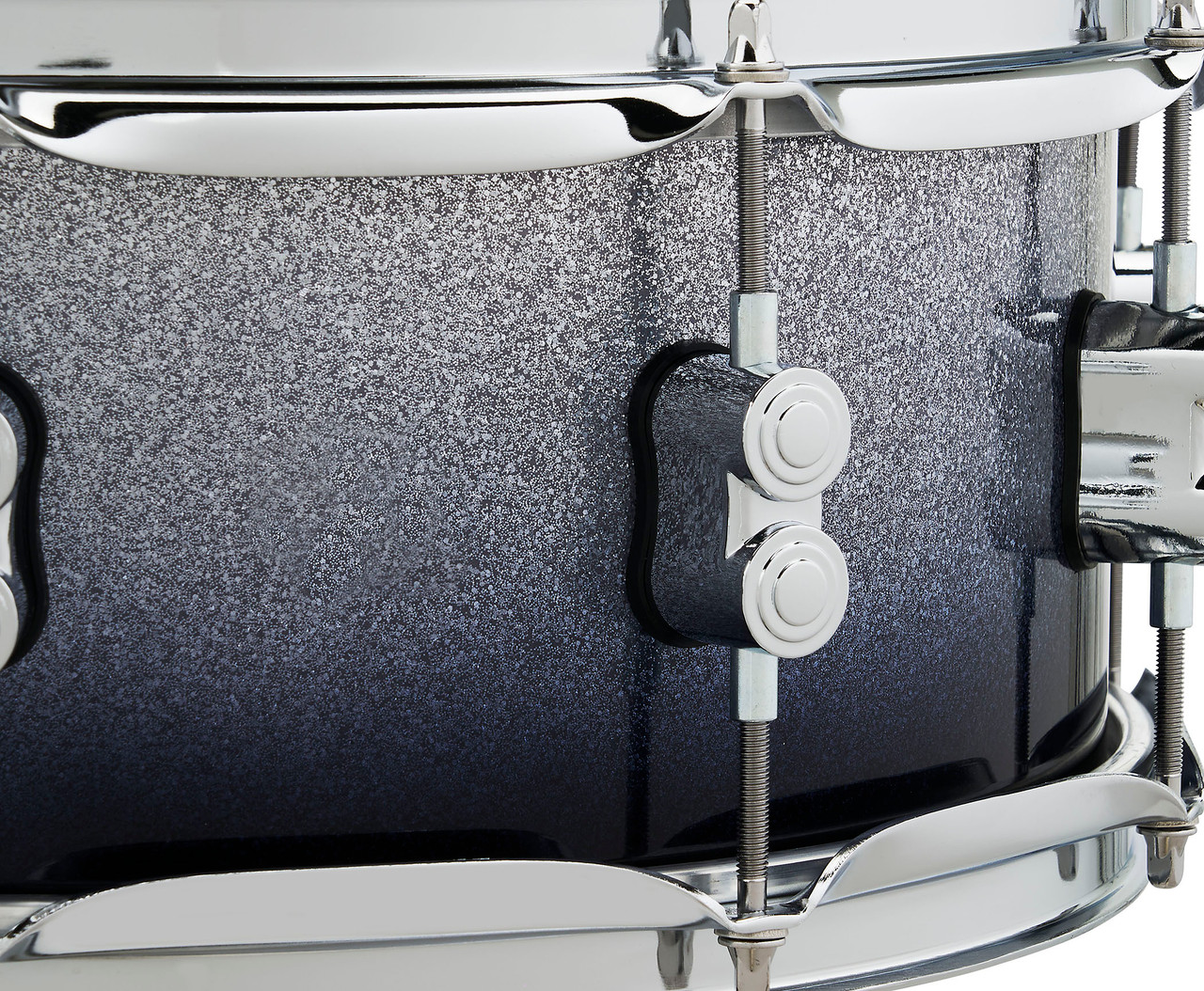 PDP Concept Maple 5.5x14 Snare Drum in Silver to Black Sparkle Fade Lacquer finish with maple shell and chrome hardware, offering brilliant looks and crisp tone.