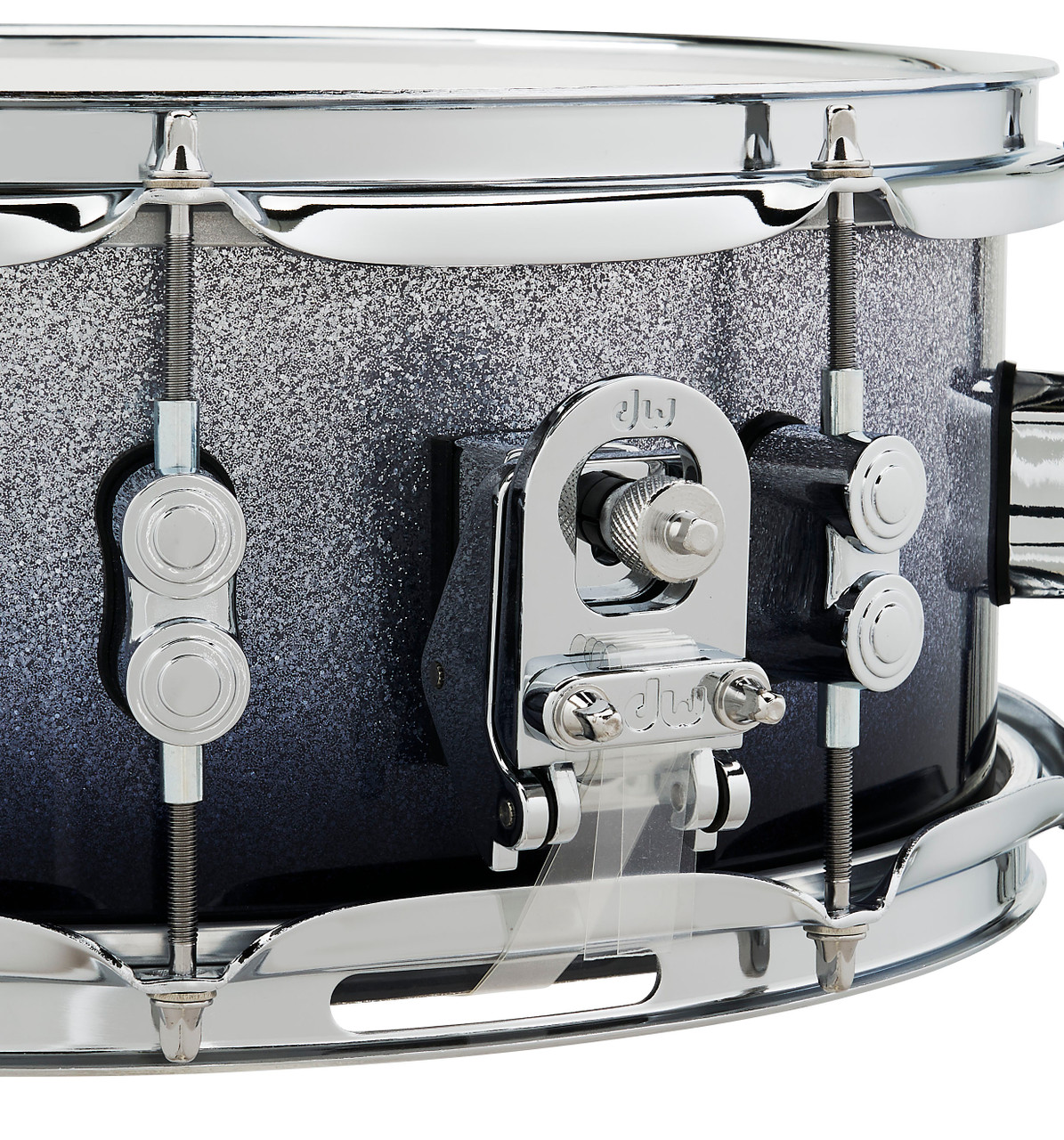 PDP Concept Maple 5.5x14 Snare Drum in Silver to Black Sparkle Fade Lacquer finish with maple shell and chrome hardware, offering brilliant looks and crisp tone.