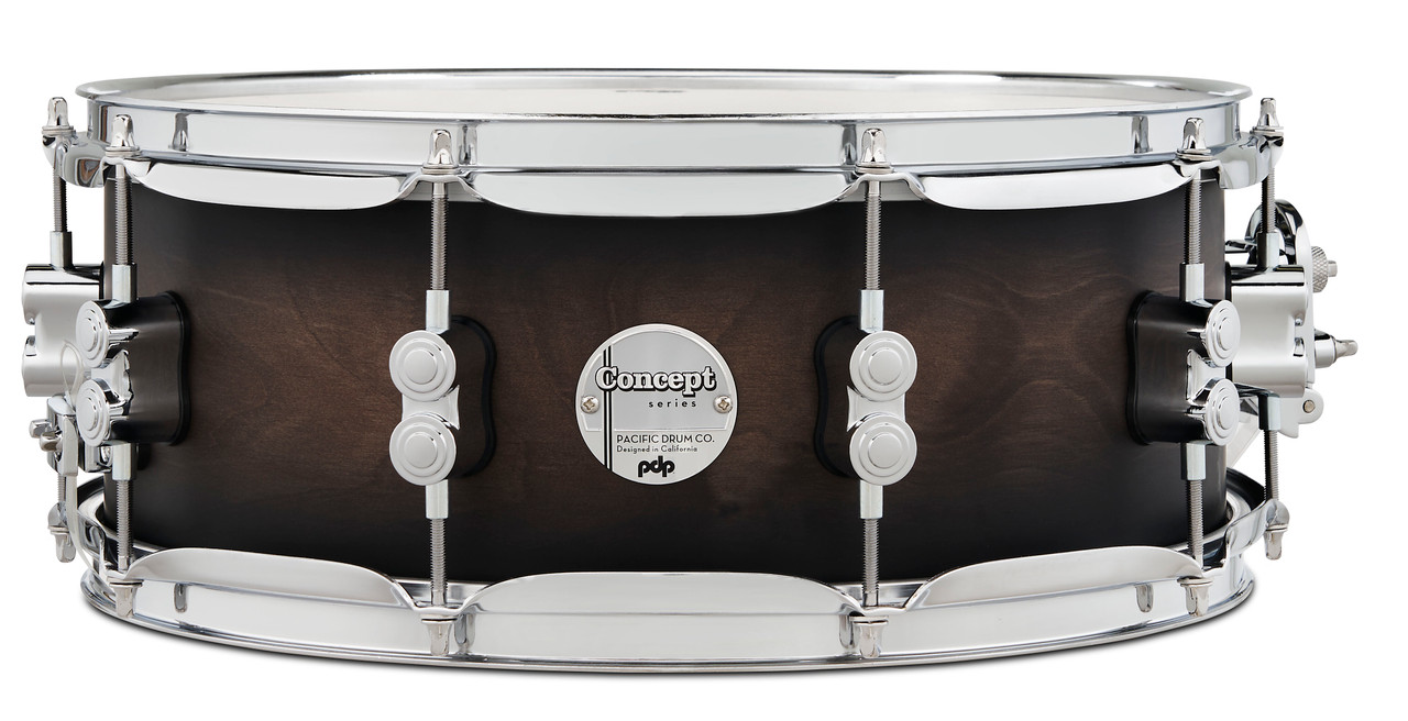 PDP Concept Maple 5.5x14 Snare Drum in Satin Charcoal Burst Lacquer finish with maple shell and chrome hardware, delivering warm tone and refined style.