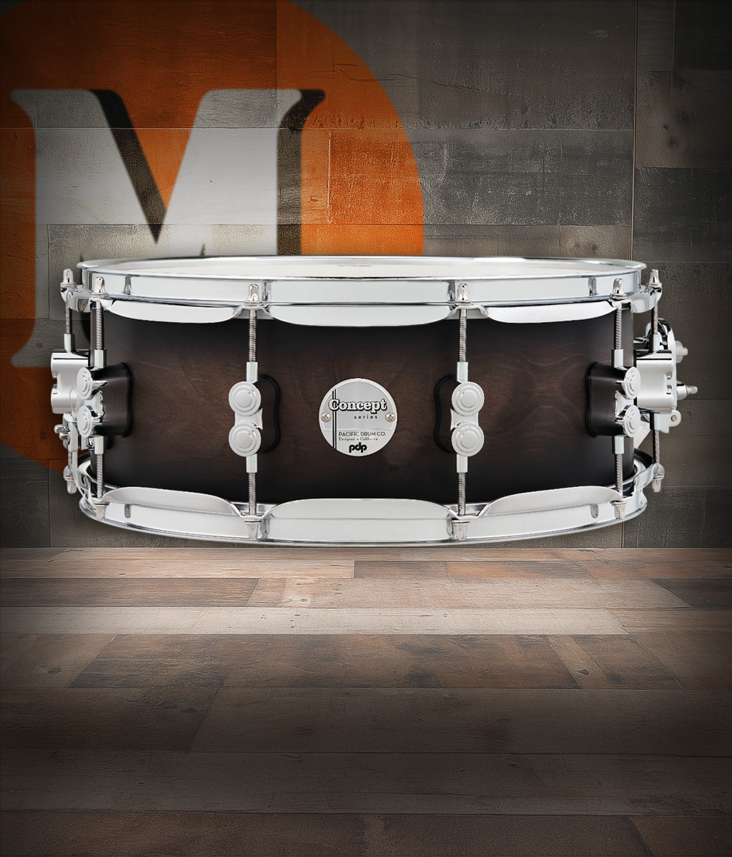 PDP Concept Maple 5.5x14 Snare Drum in Satin Charcoal Burst Lacquer finish with maple shell and chrome hardware, delivering warm tone and refined style.
