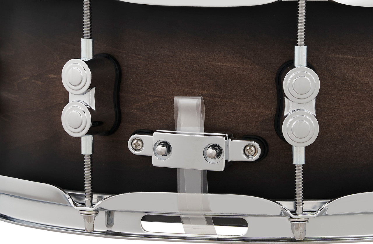 PDP Concept Maple 5.5x14 Snare Drum in Satin Charcoal Burst Lacquer finish with maple shell and chrome hardware, delivering warm tone and refined style.