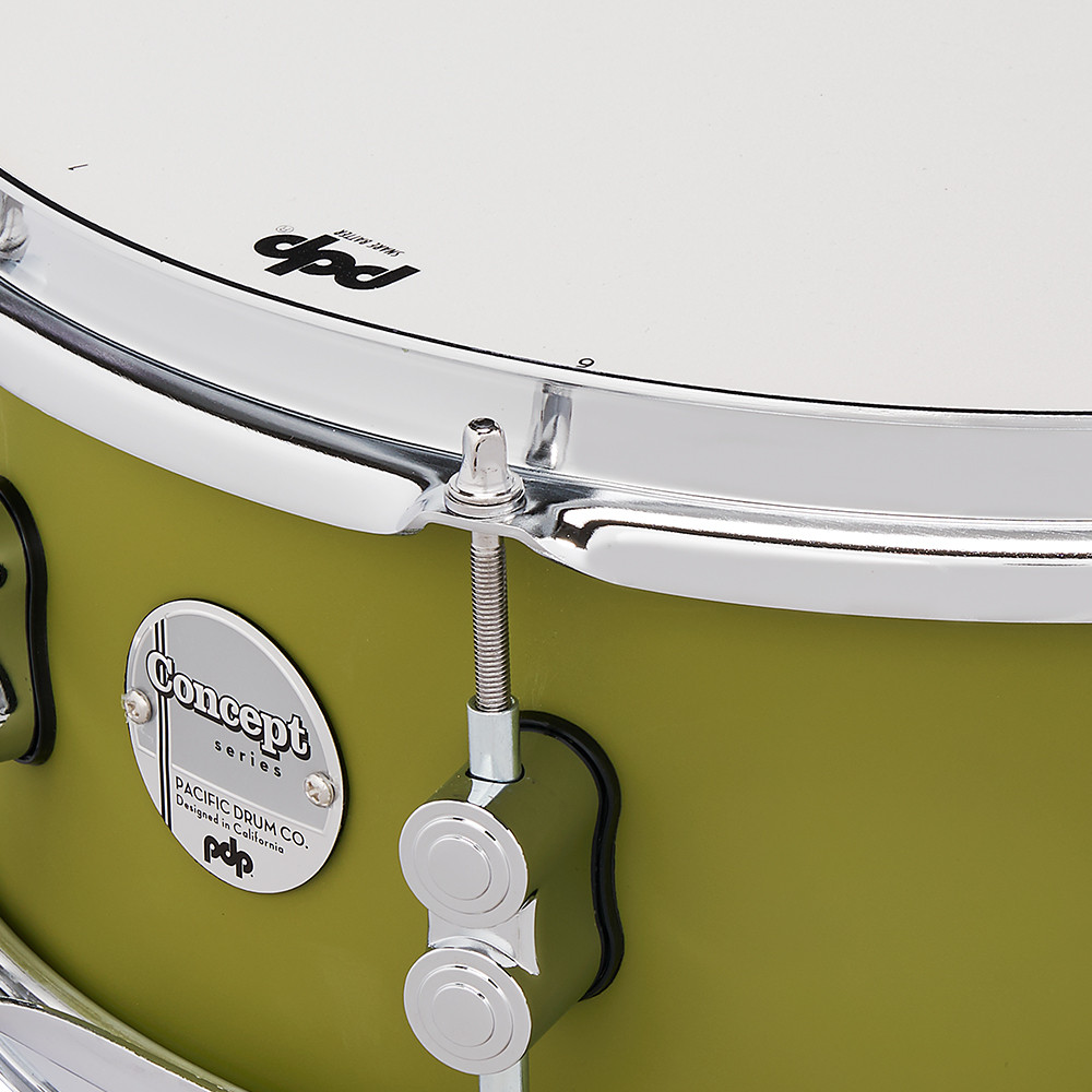 PDP Concept Maple 5.5x14 Snare Drum in Satin Olive FinishPly with maple shell and chrome hardware, featuring balanced tone and smooth matte finish.