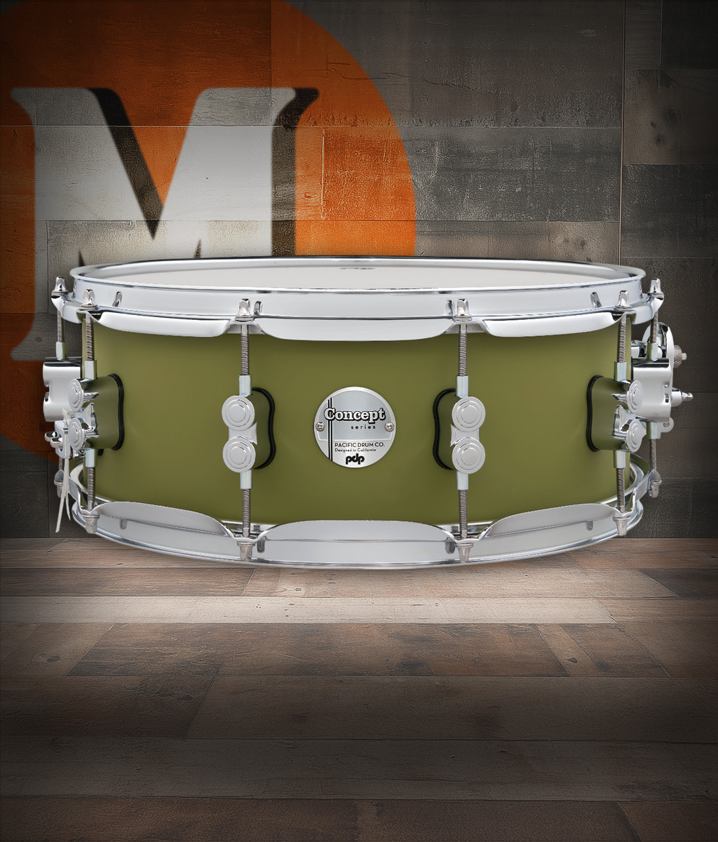 PDP Concept Maple 5.5x14 Snare Drum in Satin Olive FinishPly with maple shell and chrome hardware, featuring balanced tone and smooth matte finish.