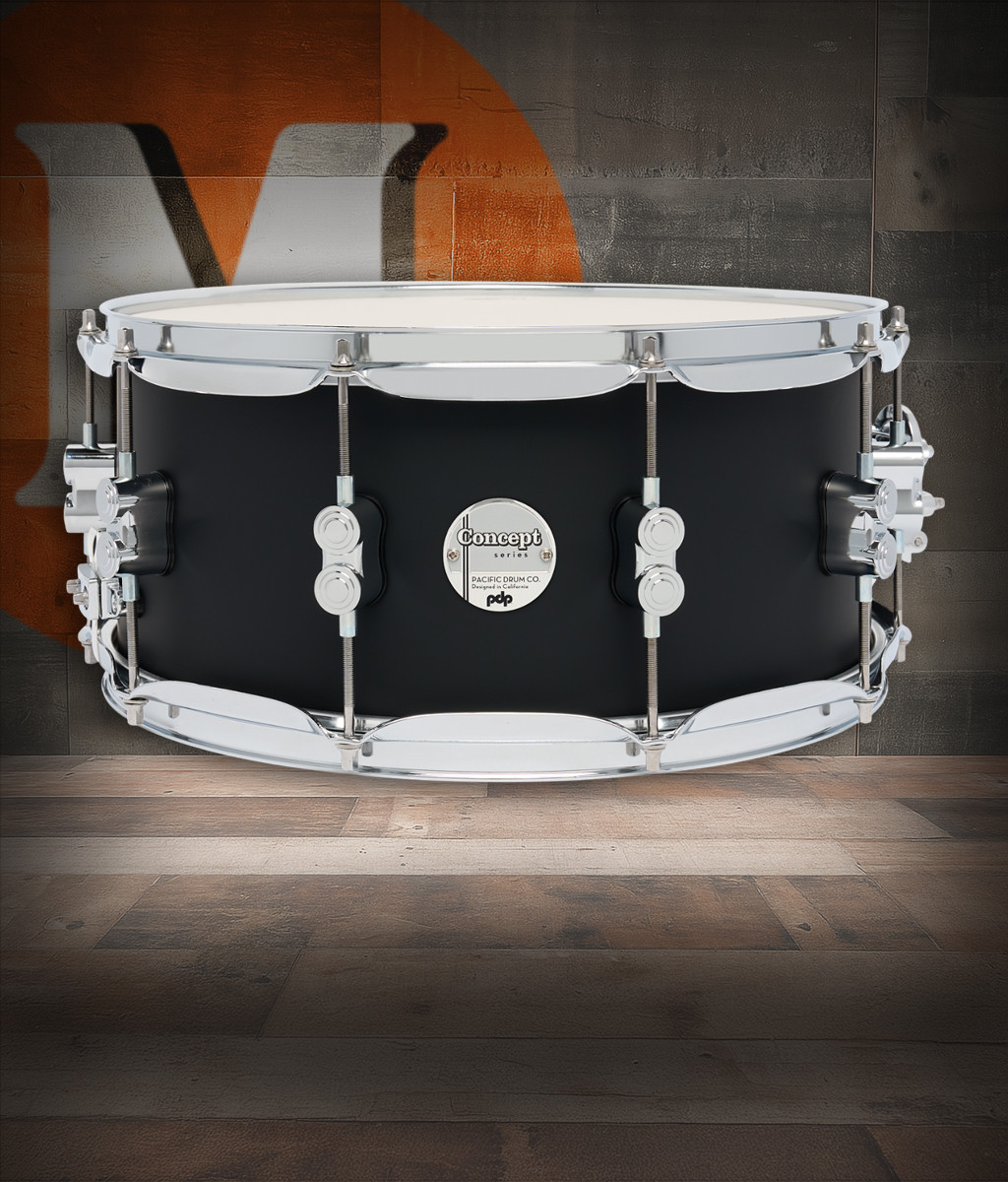 PDP Concept Maple 6.5x14 Snare Drum in Satin Black FinishPly with maple shell and chrome hardware, offering bold tone and modern black satin styling.