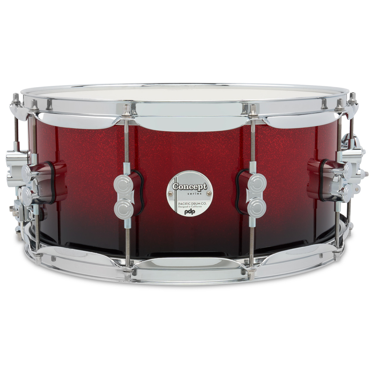 PDP Concept Maple 6.5x14 Snare Drum in Red to Black Fade Lacquer finish with maple shell and chrome hardware, offering bold style and classic maple tone.