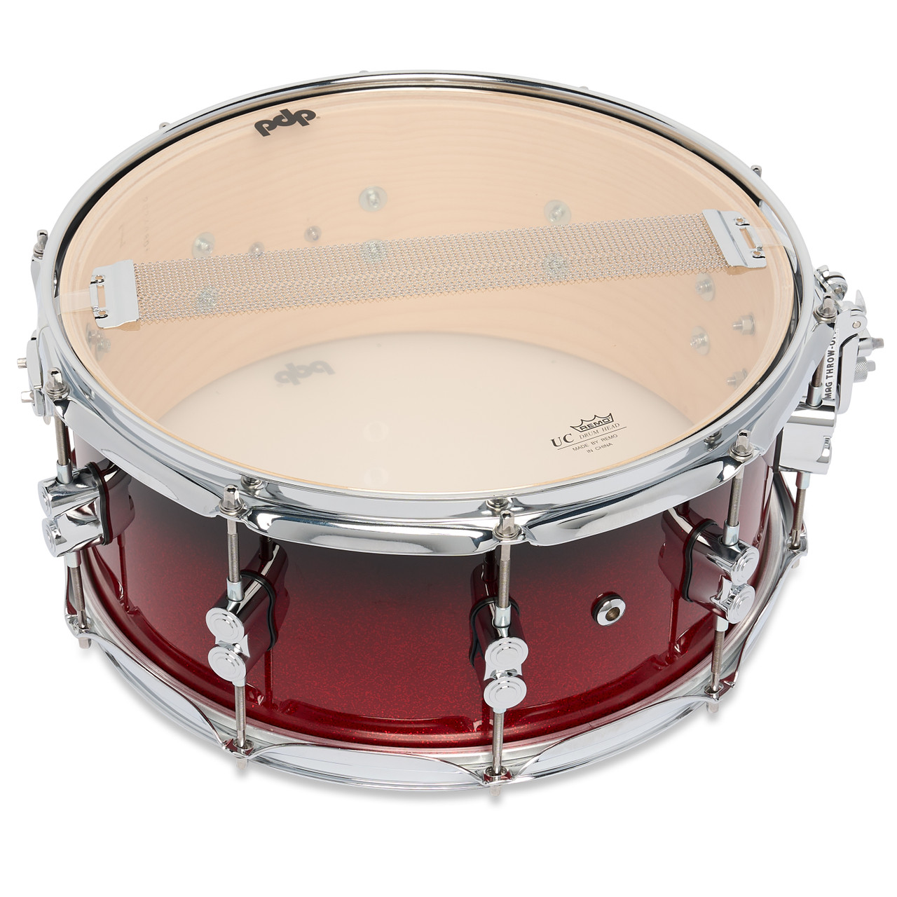 PDP Concept Maple 6.5x14 Snare Drum in Red to Black Fade Lacquer finish with maple shell and chrome hardware, offering bold style and classic maple tone.