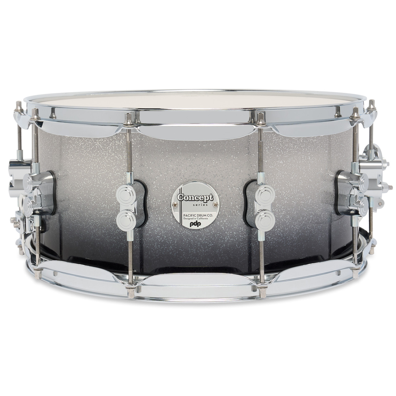 PDP Concept Maple 6.5x14 Snare Drum in Silver to Black Sparkle Fade Lacquer finish with maple shell and chrome hardware, delivering powerful tone and striking visual appeal.
