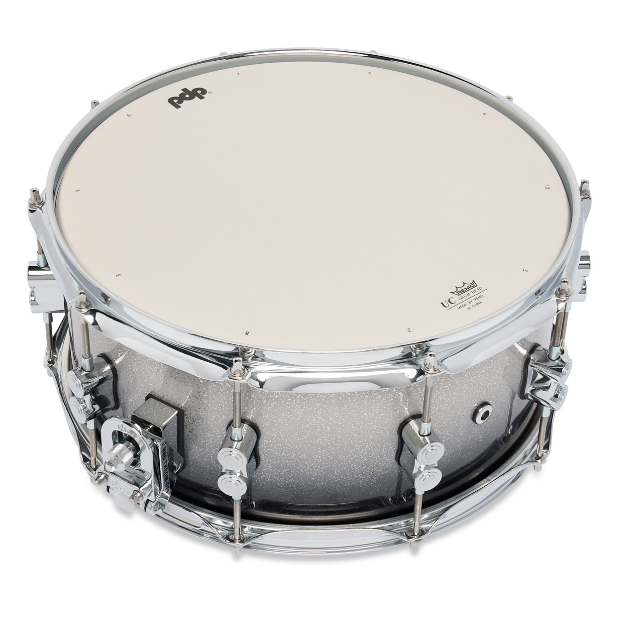 PDP Concept Maple 6.5x14 Snare Drum in Silver to Black Sparkle Fade Lacquer finish with maple shell and chrome hardware, delivering powerful tone and striking visual appeal.