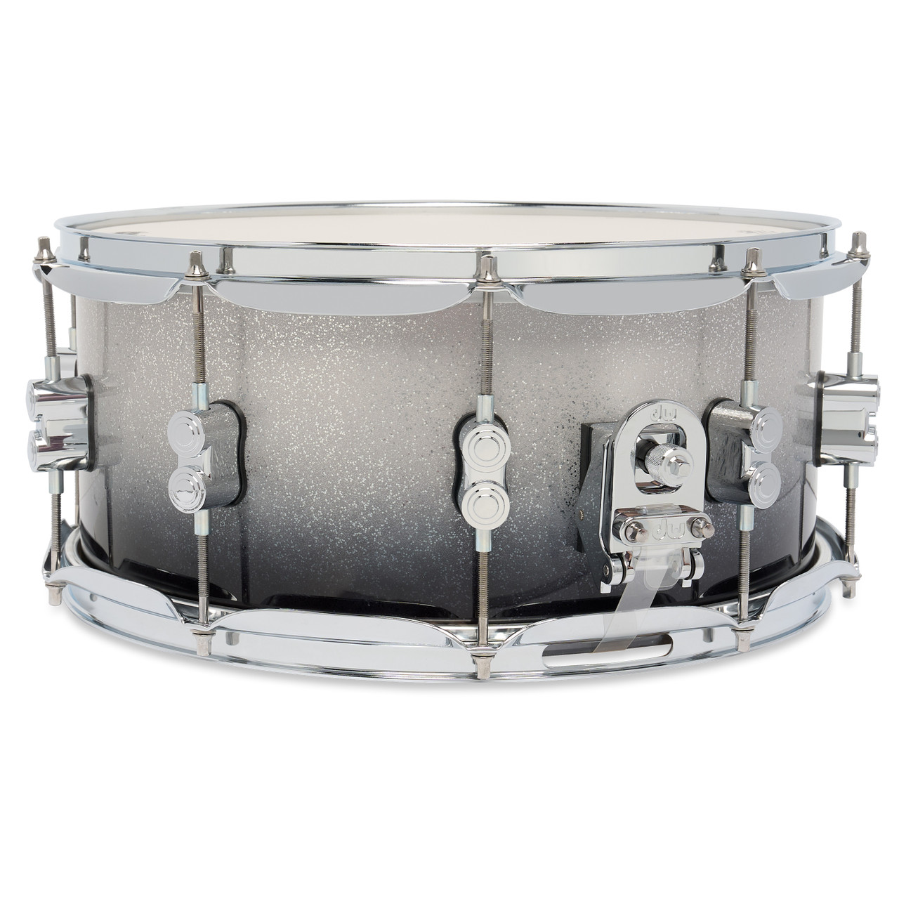 PDP Concept Maple 6.5x14 Snare Drum in Silver to Black Sparkle Fade Lacquer finish with maple shell and chrome hardware, delivering powerful tone and striking visual appeal.
