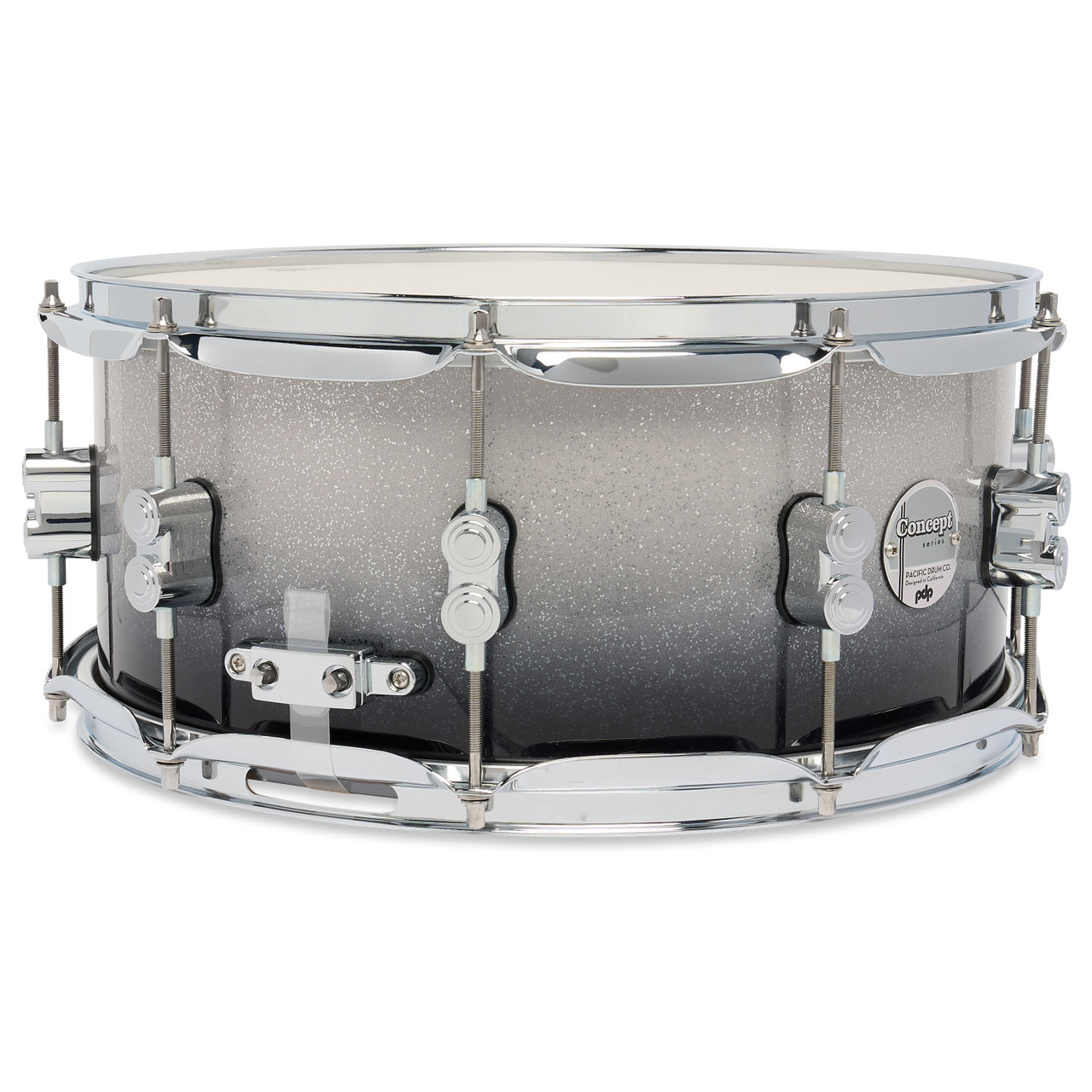 PDP Concept Maple 6.5x14 Snare Drum in Silver to Black Sparkle Fade Lacquer finish with maple shell and chrome hardware, delivering powerful tone and striking visual appeal.