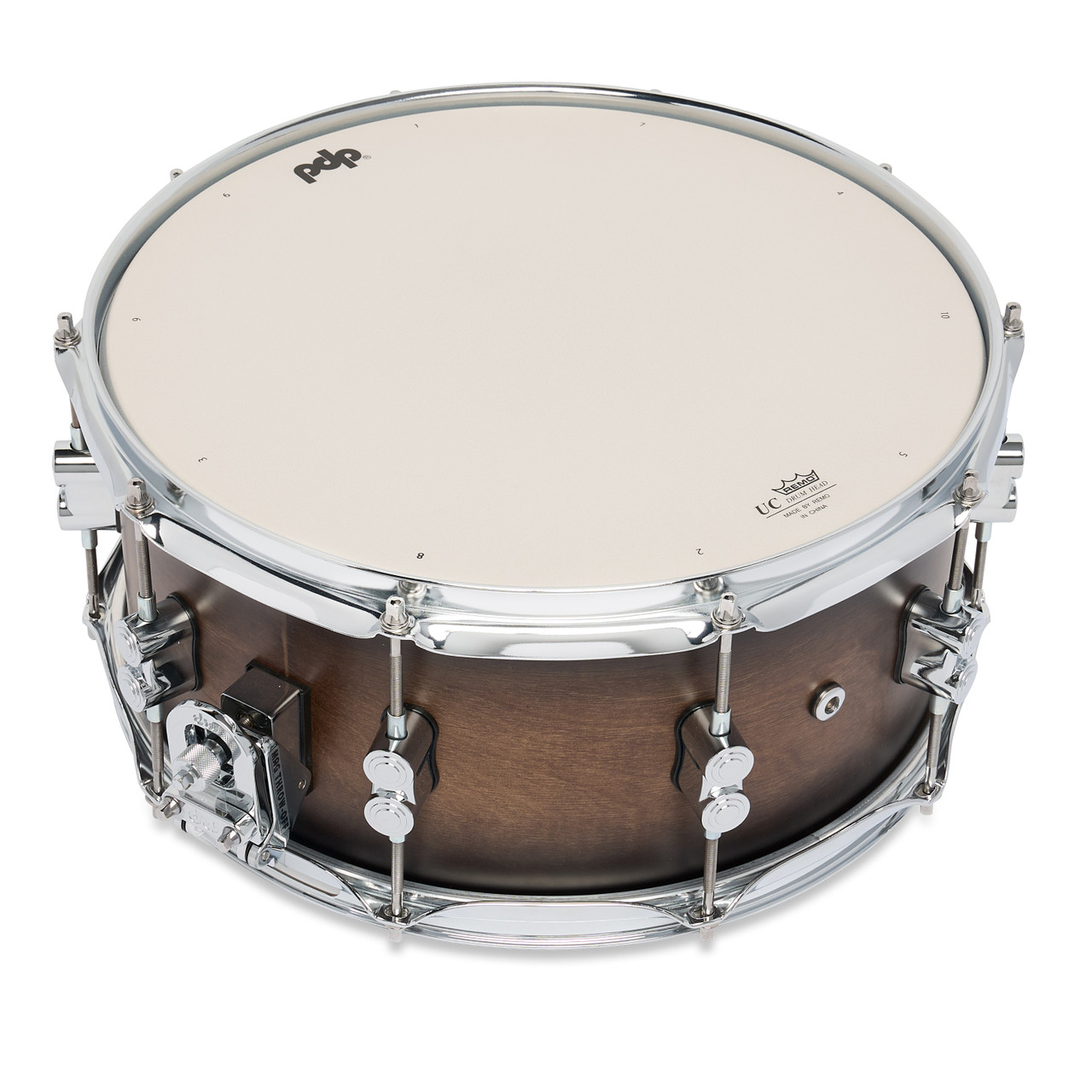 PDP Concept Maple 6.5x14 Snare Drum in Satin Charcoal Burst Lacquer finish with maple shell and chrome hardware, offering warm tone and sleek, contemporary style.