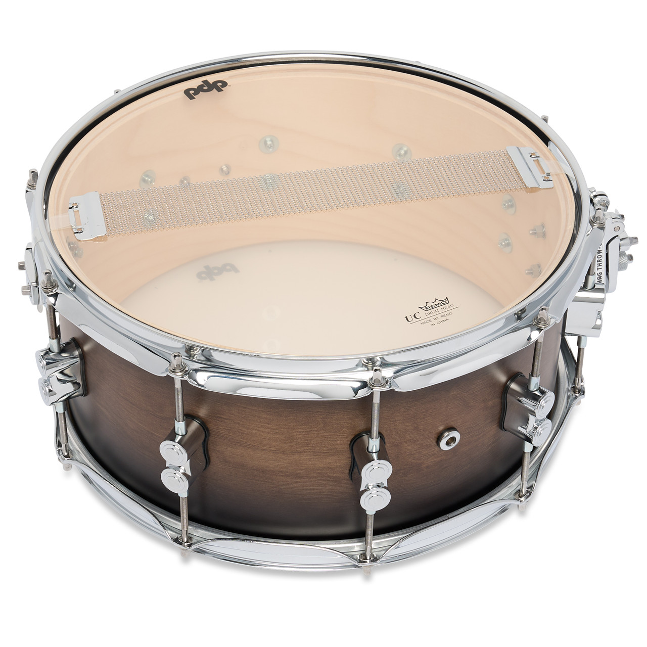 PDP Concept Maple 6.5x14 Snare Drum in Satin Charcoal Burst Lacquer finish with maple shell and chrome hardware, offering warm tone and sleek, contemporary style.