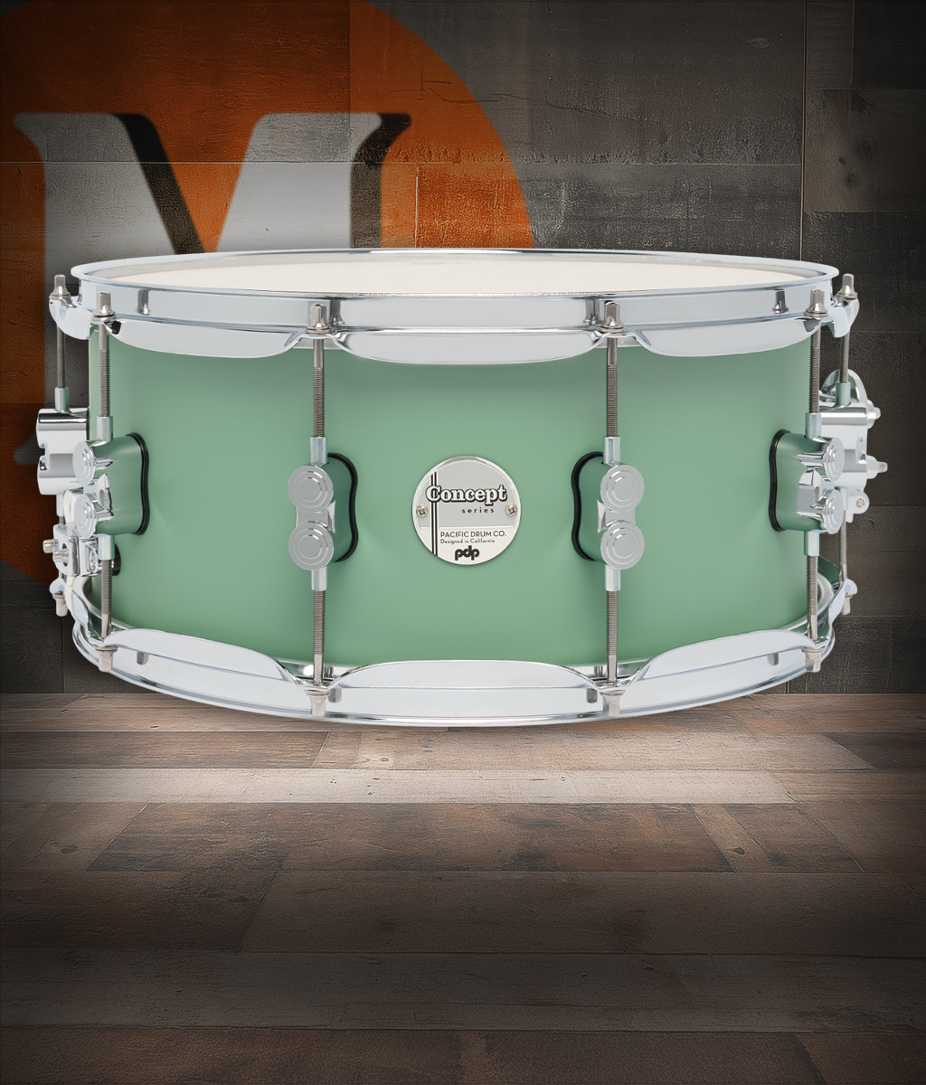 PDP Concept Maple 6.5x14 Snare Drum in Satin Seafoam FinishPly with maple shell and chrome hardware, offering smooth tone and stylish pastel finish.