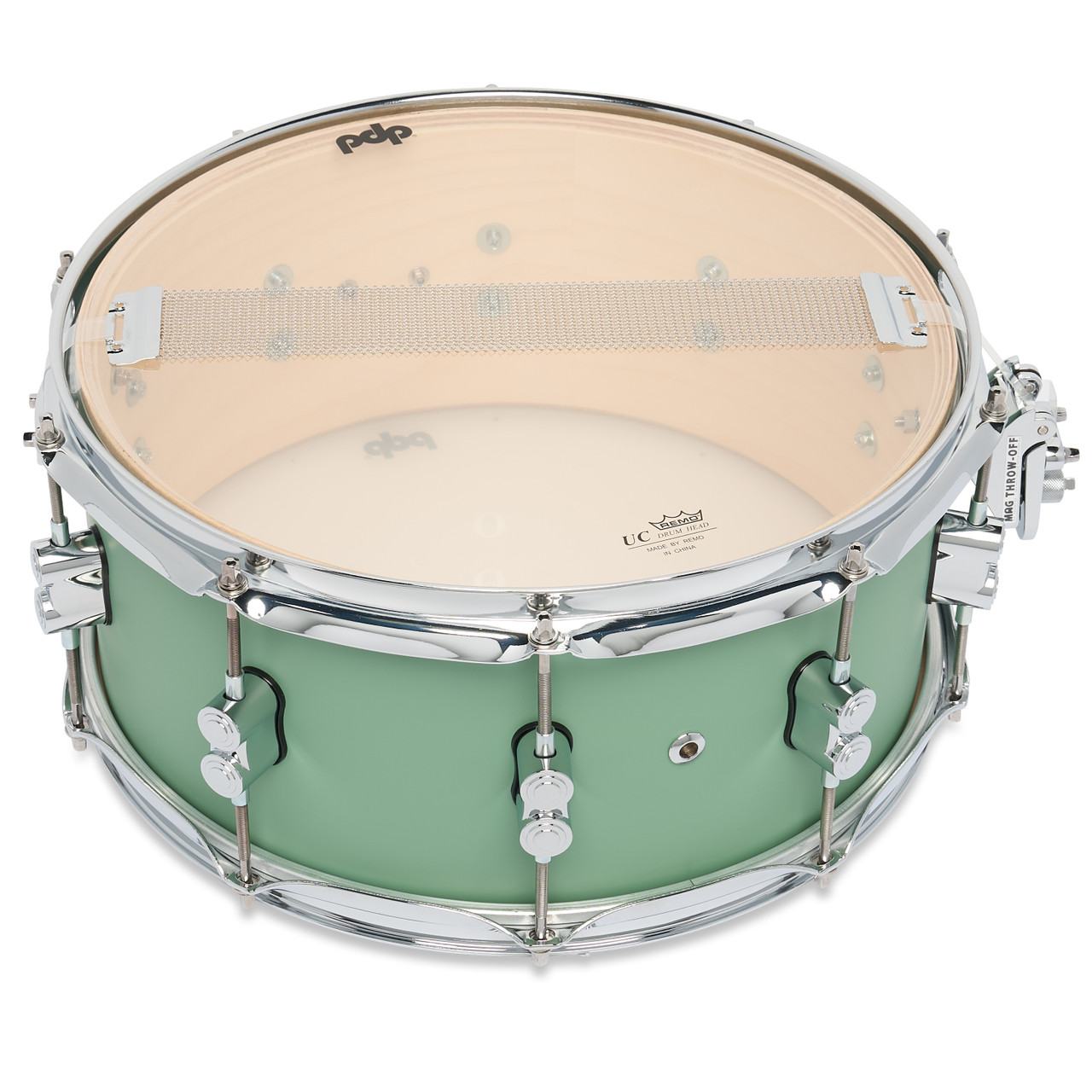 PDP Concept Maple 6.5x14 Snare Drum in Satin Seafoam FinishPly with maple shell and chrome hardware, offering smooth tone and stylish pastel finish.