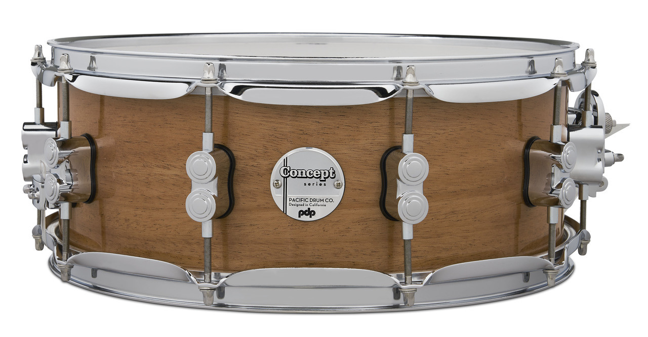 PDP Concept Maple Exotic 5.5x14 Snare Drum in Natural Honey Mahogany Lacquer with maple shell and chrome hardware, offering warm tone and exotic wood finish.