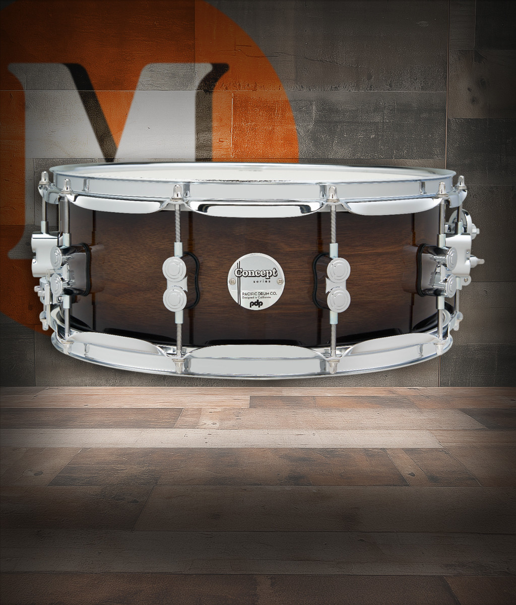 PDP Concept Maple Exotic 5.5x14 Snare Drum in Walnut to Charcoal Burst Lacquer finish with maple shell and chrome hardware, offering rich tone and elegant burst style.