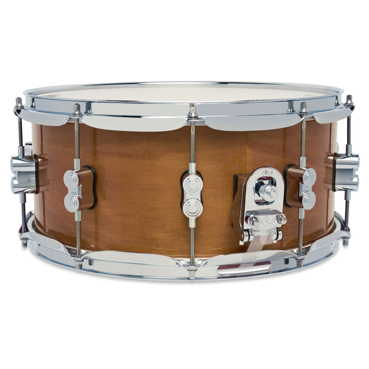 PDP Concept Maple Exotic 6.5x14 Snare Drum in Natural Honey Mahogany Lacquer finish with maple shell and chrome hardware, producing rich tone and striking exotic look.