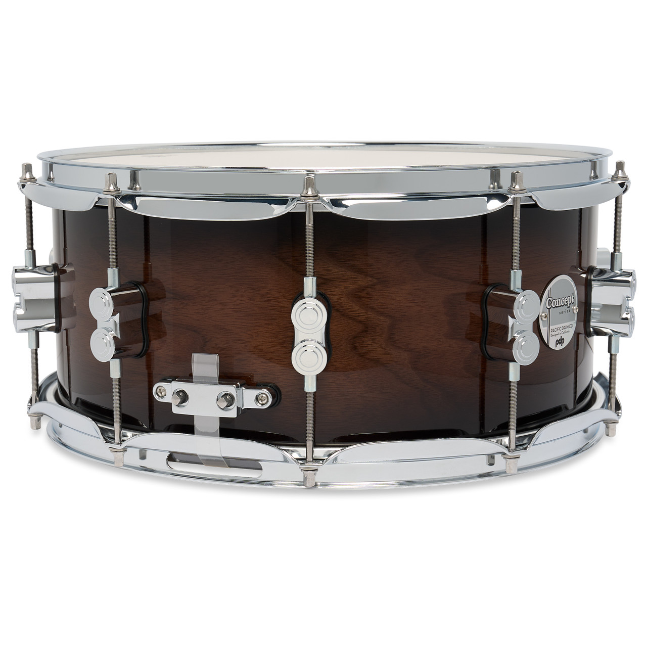 PDP Concept Maple Exotic 6.5x14 Snare Drum in Walnut to Charcoal Burst Lacquer finish with maple shell and chrome hardware, offering warm tone and elegant fade design.