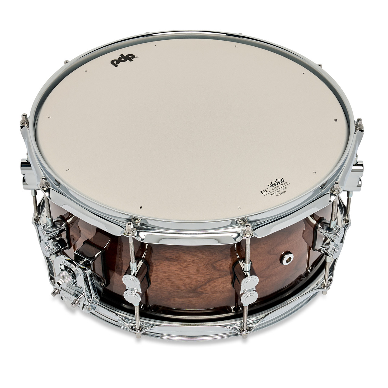 PDP Concept Maple Exotic 6.5x14 Snare Drum in Walnut to Charcoal Burst Lacquer finish with maple shell and chrome hardware, offering warm tone and elegant fade design.
