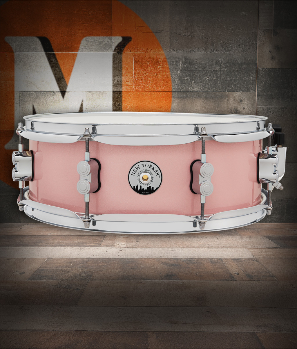 PDP New Yorker 5x14 Snare Drum in Pale Rose Sparkle FinishPly with maple shell and chrome hardware, offering crisp tone and vintage-inspired sparkle finish.