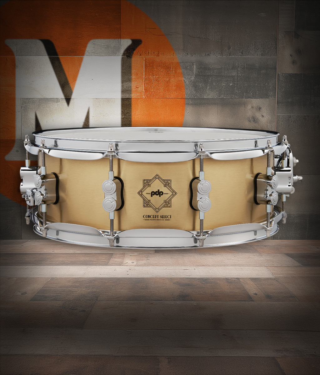 PDP Concept Select 5x14 Snare Drum in 3mm Bell Bronze shell with chrome hardware, offering exceptional power, projection, and classic bronze tone.