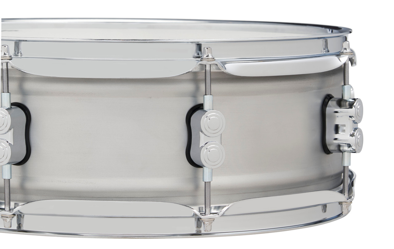 PDP Concept Series 5x14 Snare Drum in Natural Satin Brushed Aluminum with 1.2mm shell and chrome hardware, offering bright attack and modern appearance.