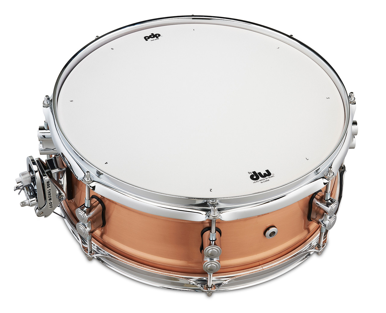 PDP Concept Series 5x14 Snare Drum in Natural Satin Brushed Copper with 1.2mm shell and chrome hardware, delivering warm tone, crisp attack, and stunning metallic style.