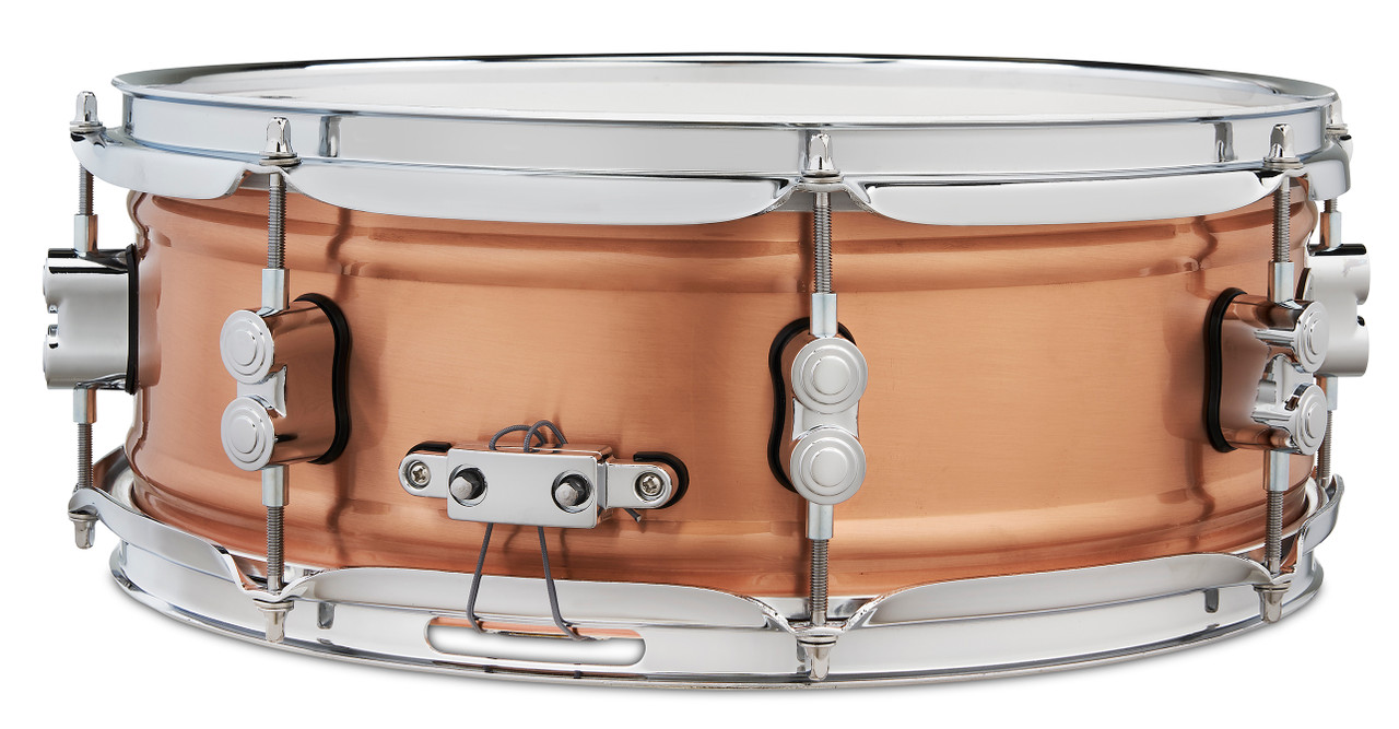 PDP Concept Series 5x14 Snare Drum in Natural Satin Brushed Copper with 1.2mm shell and chrome hardware, delivering warm tone, crisp attack, and stunning metallic style.