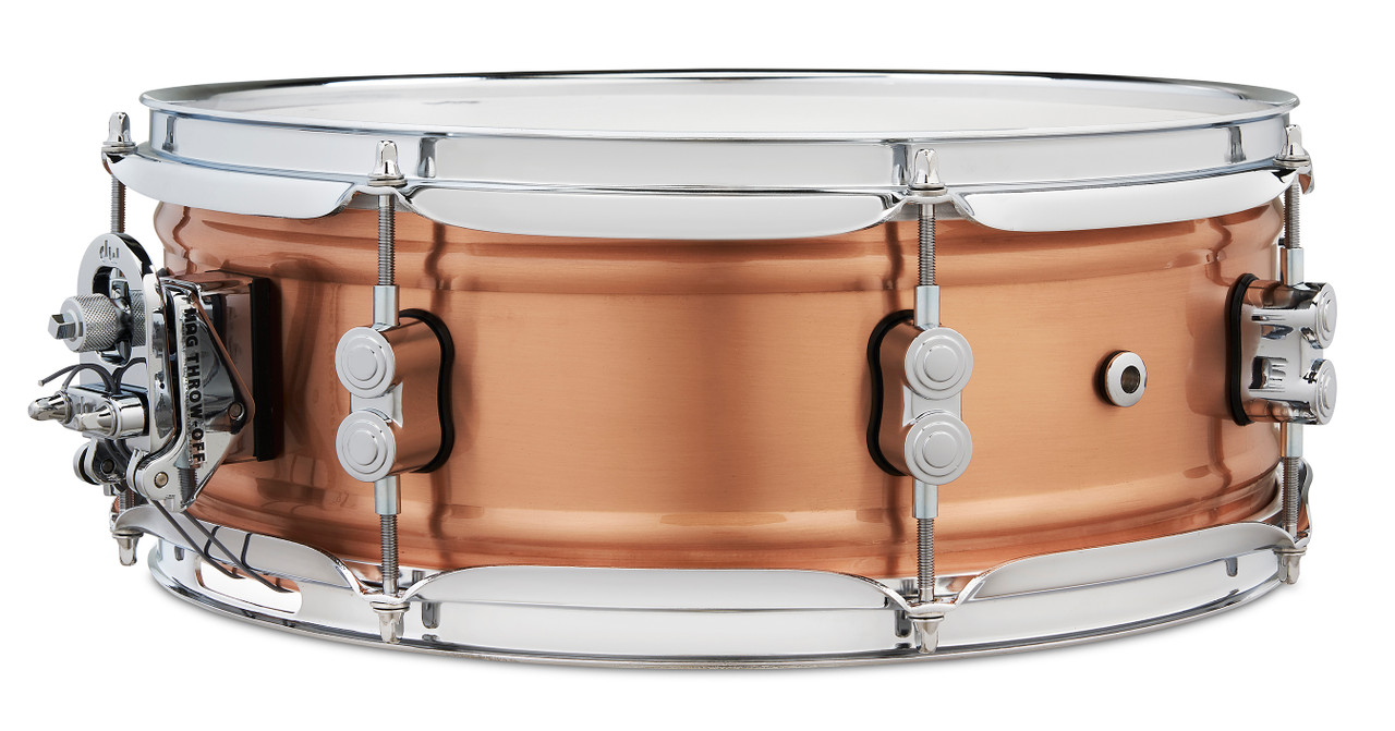 PDP Concept Series 5x14 Snare Drum in Natural Satin Brushed Copper with 1.2mm shell and chrome hardware, delivering warm tone, crisp attack, and stunning metallic style.