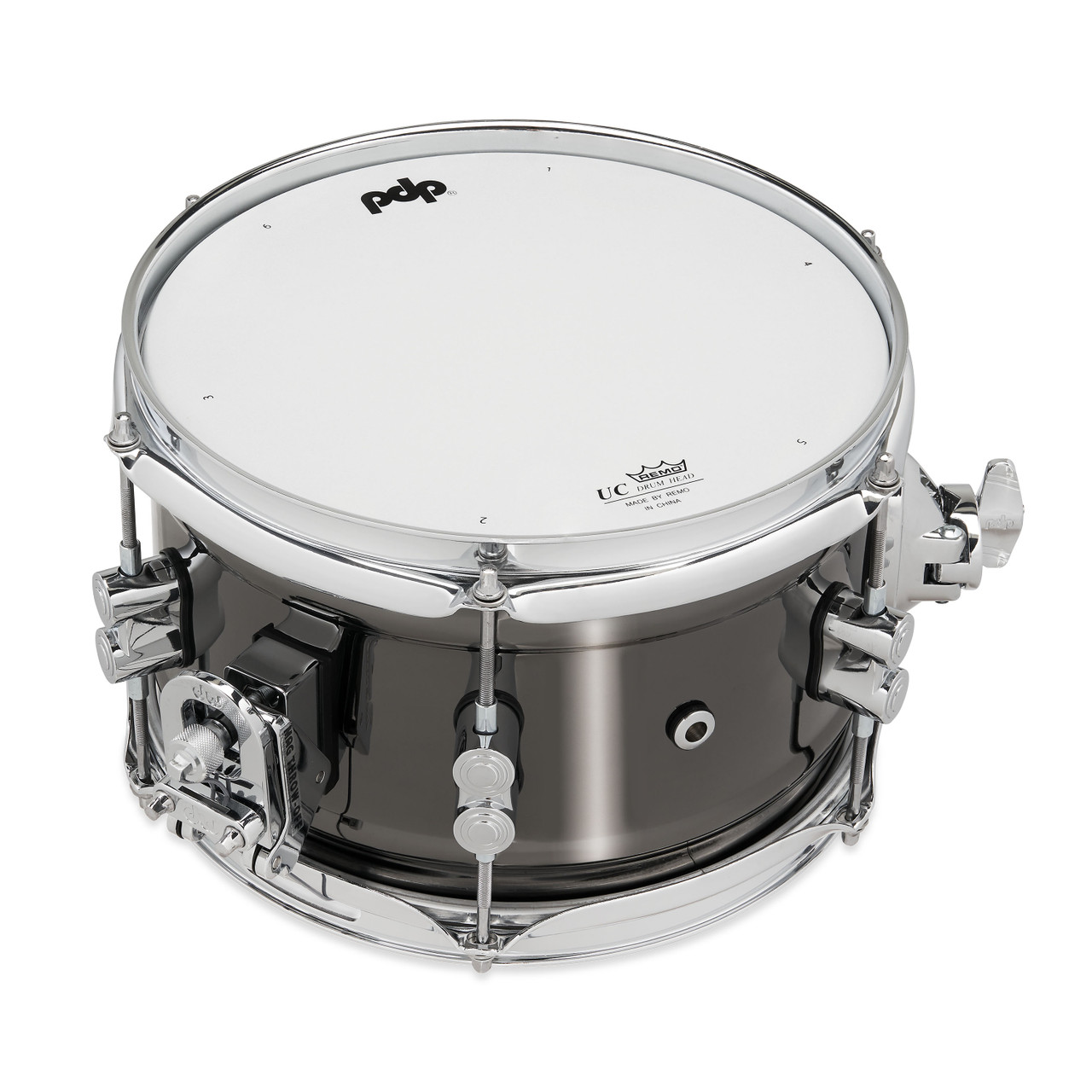 PDP Concept Series 6x10 Snare Drum in Black Nickel Over Steel with chrome hardware, offering sharp attack, bright tone, and compact versatility for any kit.