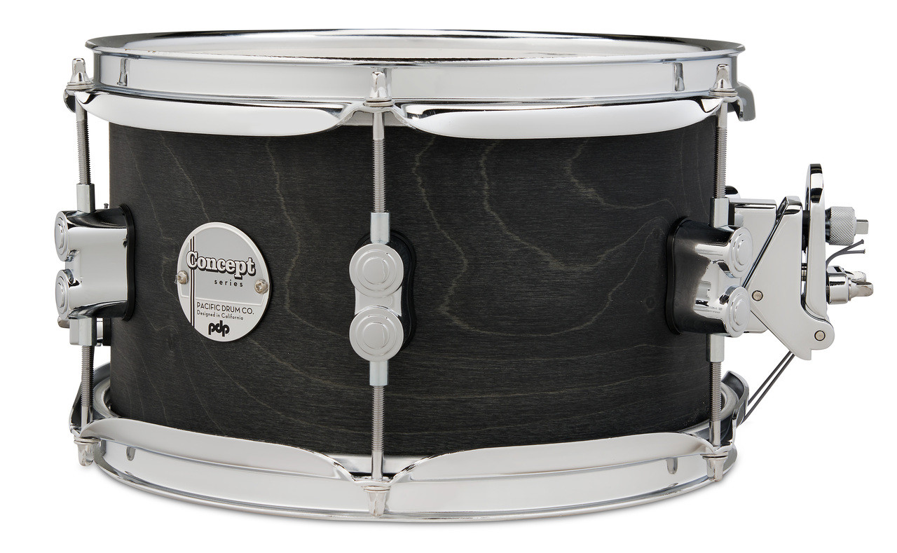PDP Concept Series 6x10 Black Wax Maple Snare Drum in Satin Black finish with chrome hardware, offering warm maple tone and tight, responsive attack.