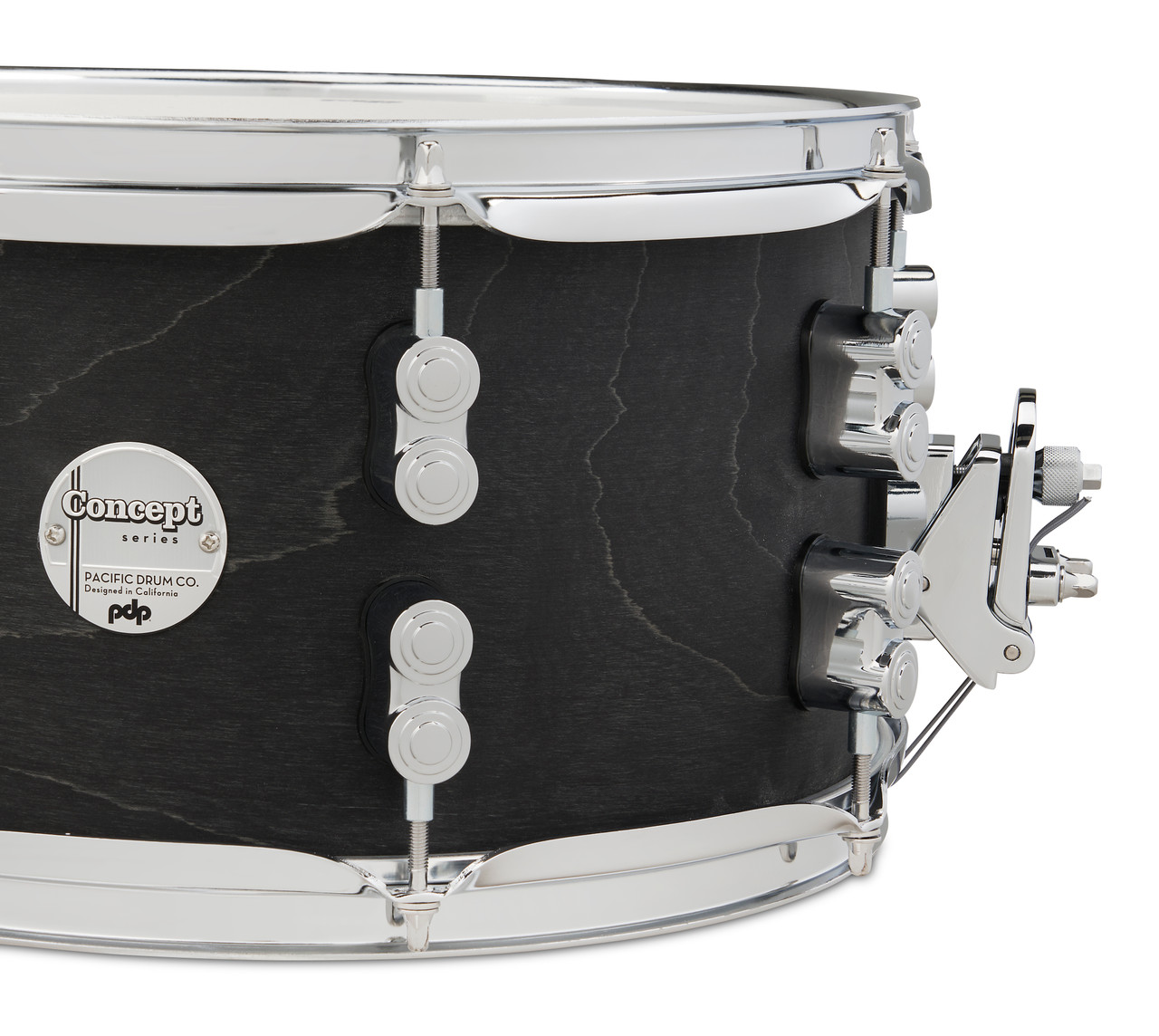 PDP Concept Series 7x13 Black Wax Maple Snare Drum in Satin Black finish with chrome hardware, delivering full maple tone, fast response, and modern style.