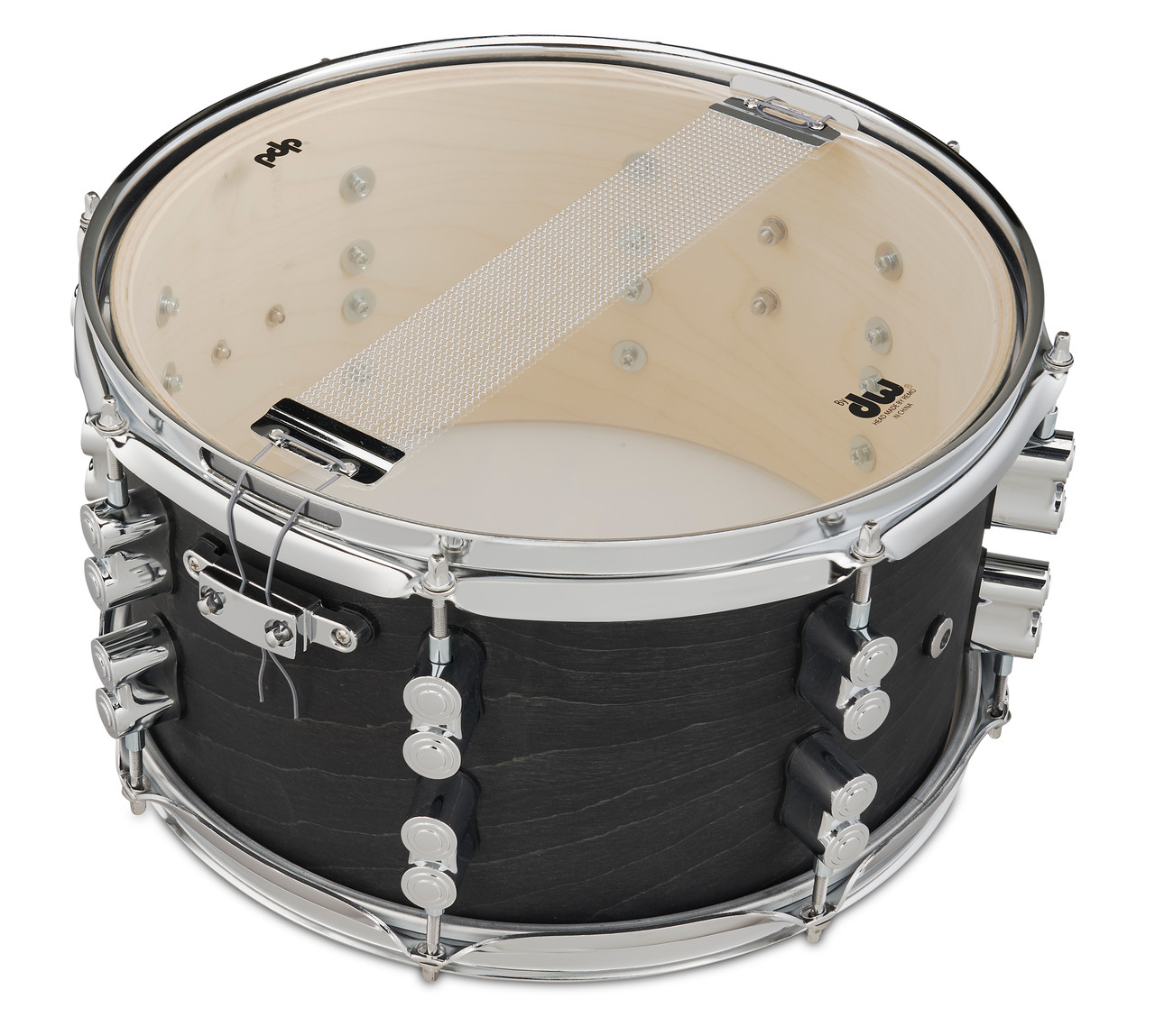 PDP Concept Series 7x13 Black Wax Maple Snare Drum in Satin Black finish with chrome hardware, delivering full maple tone, fast response, and modern style.