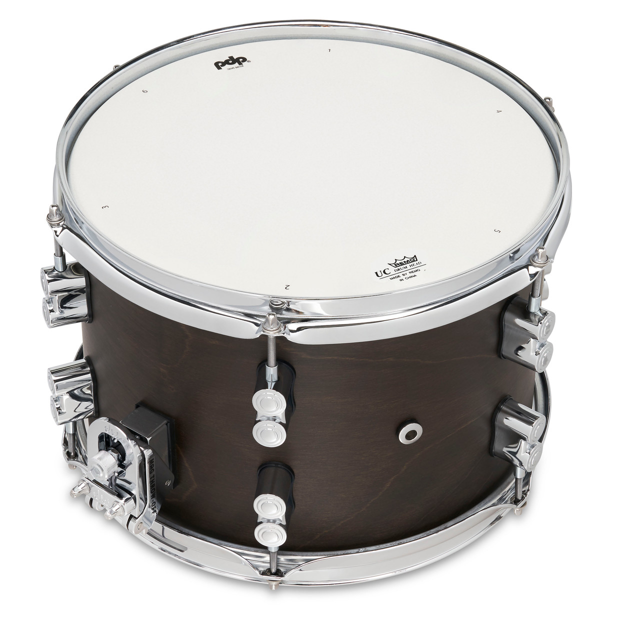PDP Concept Maple 8x12 Dry Snare Drum in Satin Walnut Stain finish with chrome hardware, featuring a maple shell for controlled resonance and rich tone.