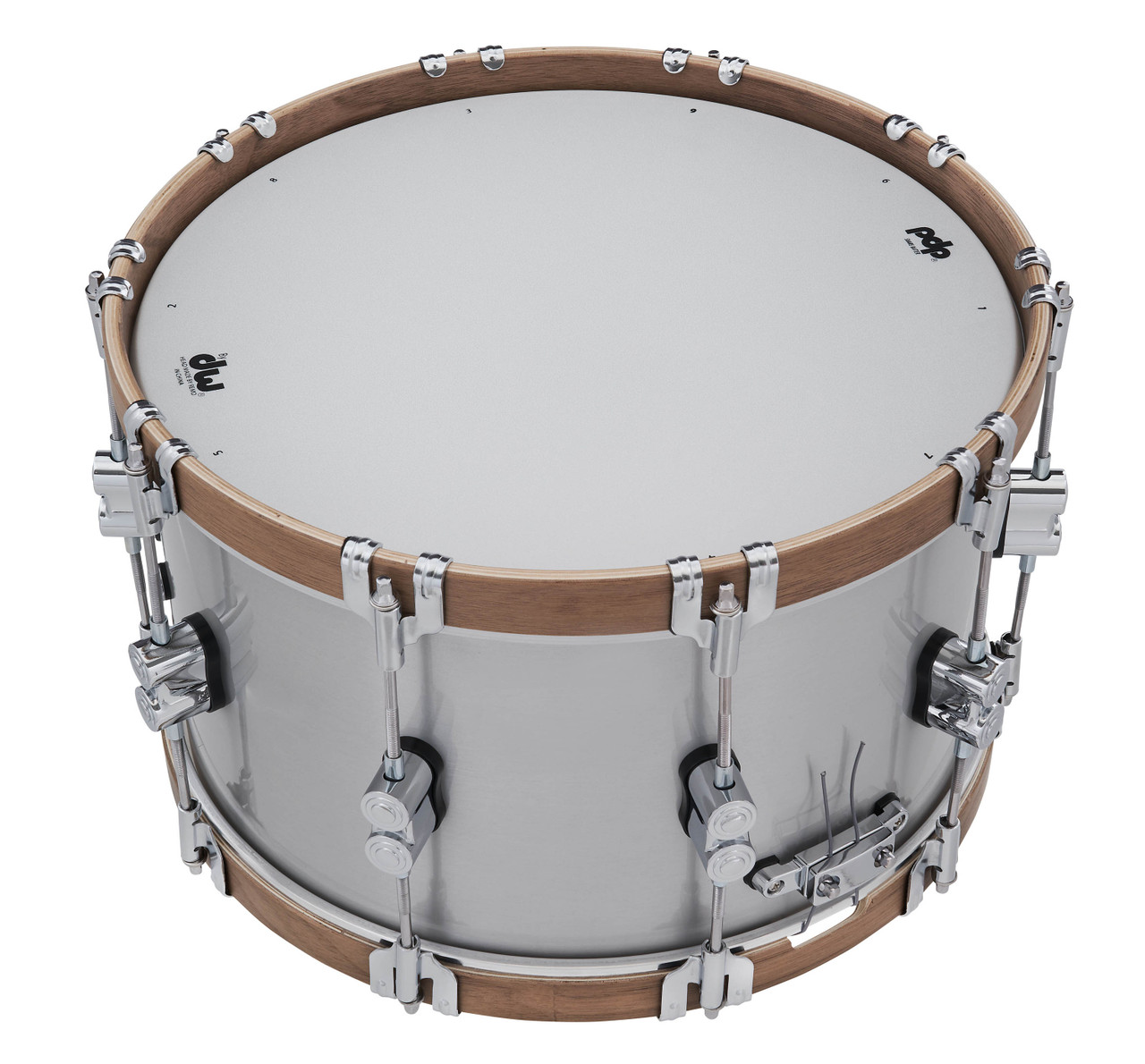 PDP Concept Select 8x14 Snare Drum with 3mm aluminum shell and walnut wood hoops, delivering crisp attack, warm tone, and elegant craftsmanship.