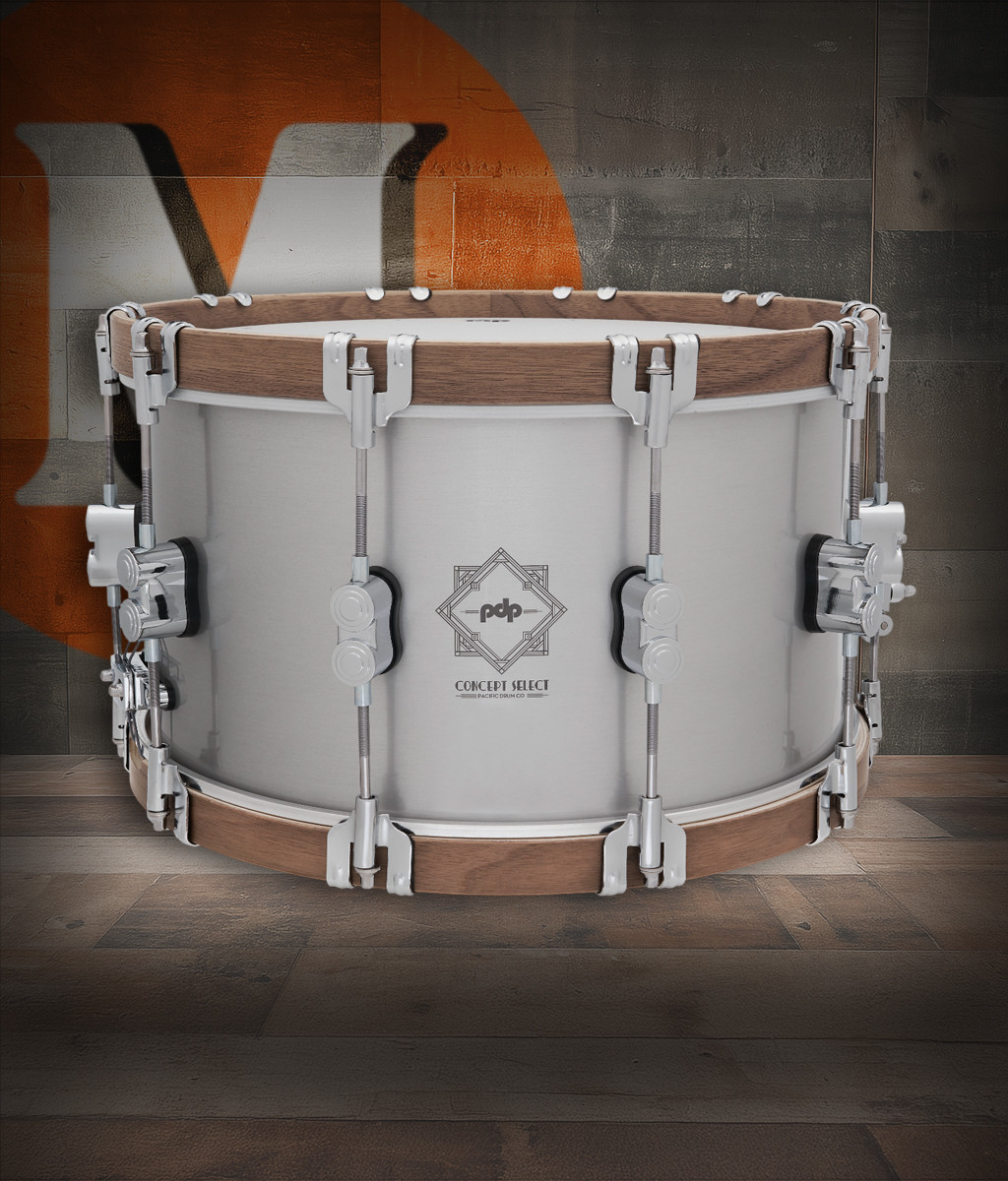 PDP Concept Select 8x14 Snare Drum with 3mm aluminum shell and walnut wood hoops, delivering crisp attack, warm tone, and elegant craftsmanship.