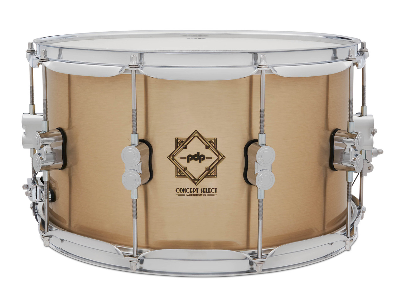 PDP Concept Select 8x14 Snare Drum with 3mm Bell Bronze shell and chrome hardware, offering bold tone, long sustain, and a powerful, professional sound.