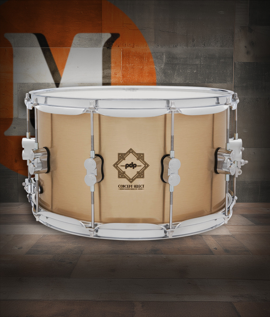 PDP Concept Select 8x14 Snare Drum with 3mm Bell Bronze shell and chrome hardware, offering bold tone, long sustain, and a powerful, professional sound.