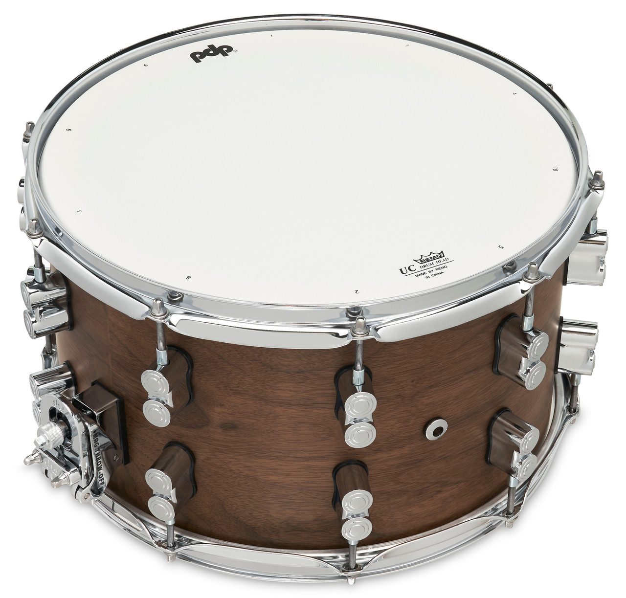 PDP LTD 8x14 Snare Drum with Maple/Walnut hybrid shell in Natural Satin finish, featuring warm low-end tone, maple clarity, and chrome hardware.