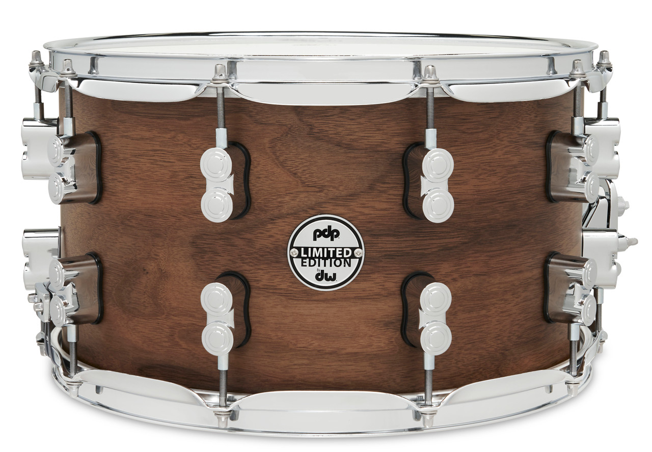 PDP LTD 8x14 Snare Drum with Maple/Walnut hybrid shell in Natural Satin finish, featuring warm low-end tone, maple clarity, and chrome hardware.