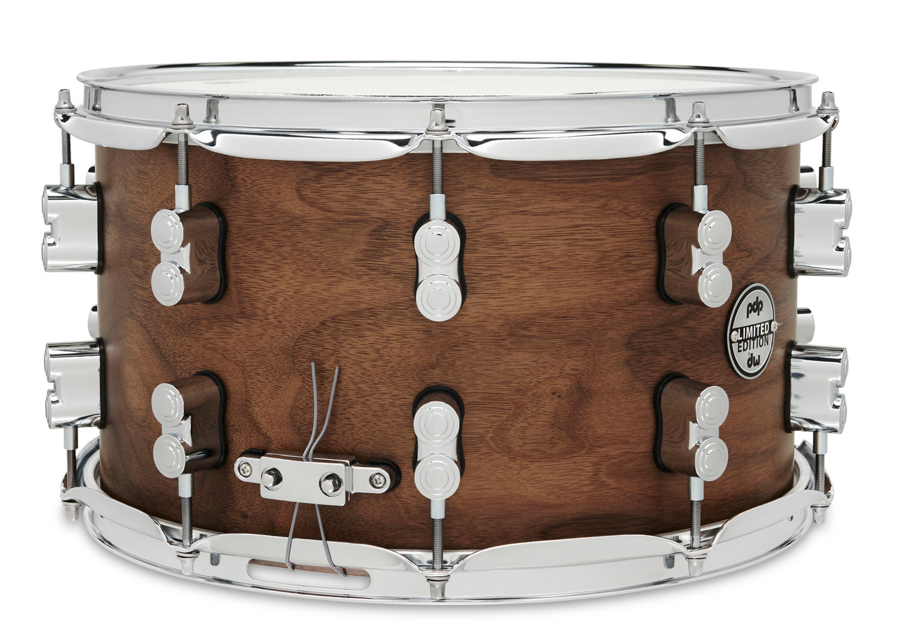 PDP LTD 8x14 Snare Drum with Maple/Walnut hybrid shell in Natural Satin finish, featuring warm low-end tone, maple clarity, and chrome hardware.