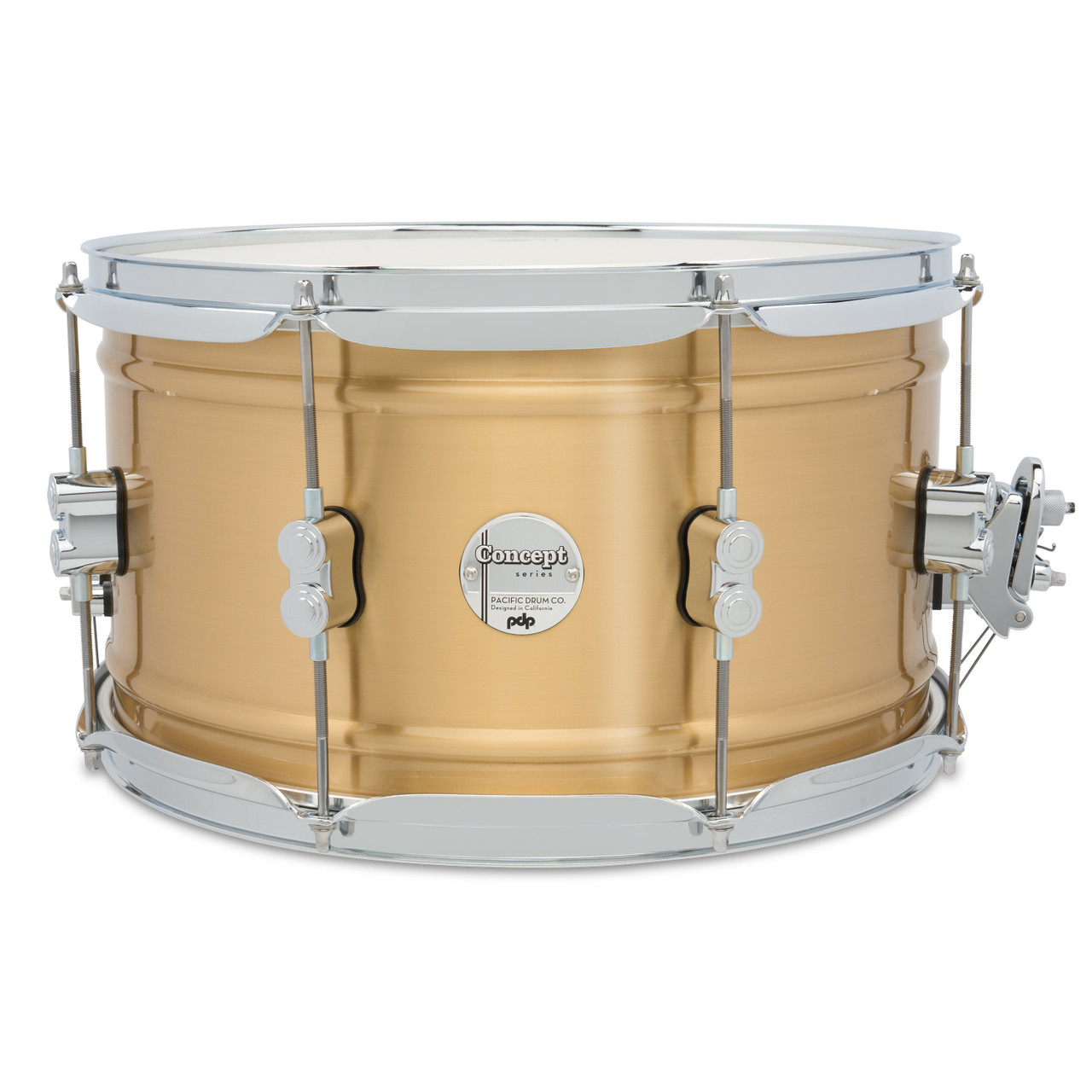 PDP Concept Series 8x14 Snare Drum in Natural Satin Brushed Brass with 1.2mm shell and chrome hardware, offering warm tone, crisp response, and classic brass appeal.