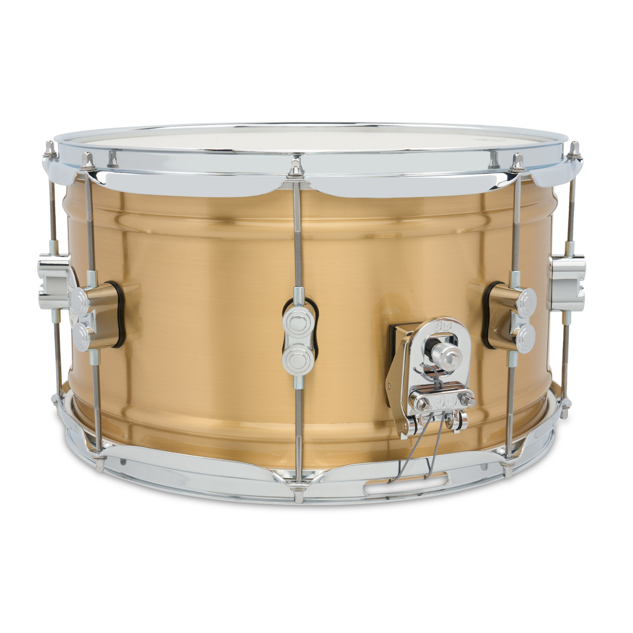 PDP Concept Series 8x14 Snare Drum in Natural Satin Brushed Brass with 1.2mm shell and chrome hardware, offering warm tone, crisp response, and classic brass appeal.