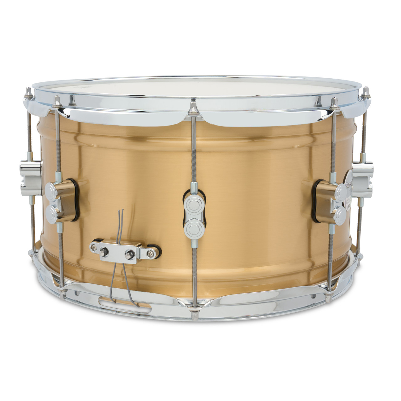 PDP Concept Series 8x14 Snare Drum in Natural Satin Brushed Brass with 1.2mm shell and chrome hardware, offering warm tone, crisp response, and classic brass appeal.