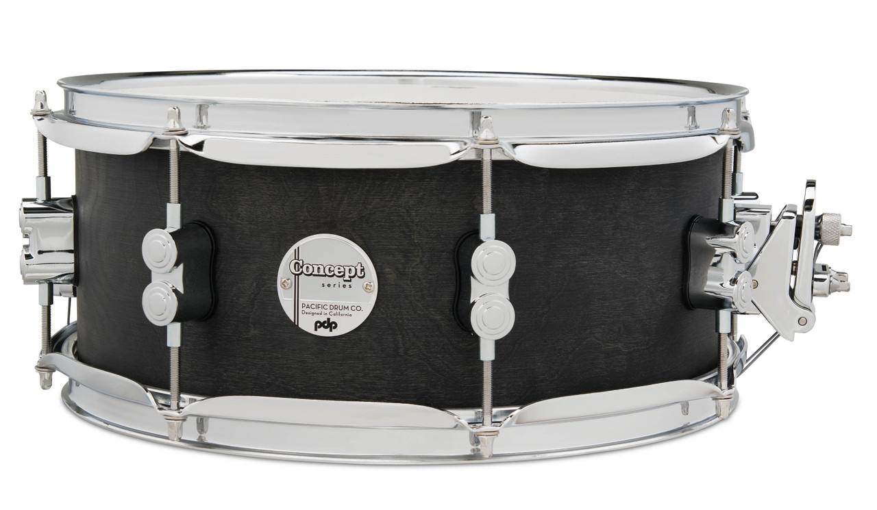PDP Concept Series 5.5x13 Black Wax Maple Snare Drum in Satin Black finish with chrome hardware, offering warm maple tone, quick attack, and modern aesthetics.