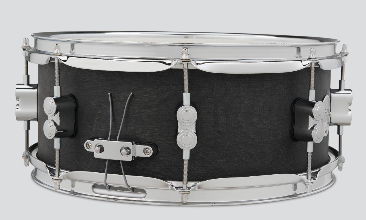 PDP Concept Series 5.5x13 Black Wax Maple Snare Drum in Satin Black finish with chrome hardware, offering warm maple tone, quick attack, and modern aesthetics.