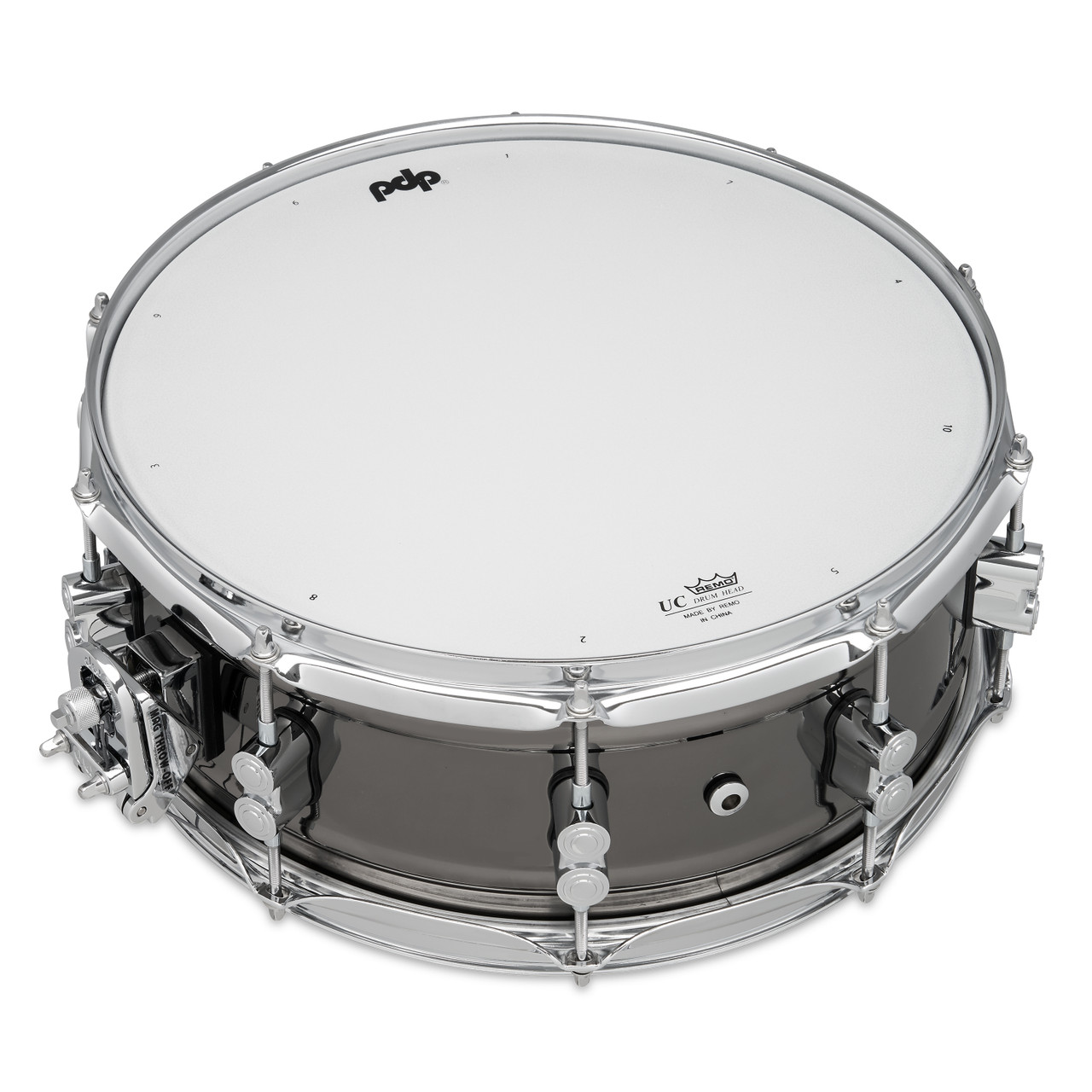 PDP Concept Series 5.5x14 Snare Drum in Black Nickel Over Steel finish with chrome hardware, producing bright tone, sharp attack, and modern visual appeal.