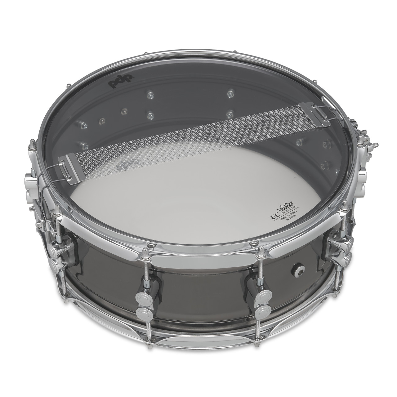 PDP Concept Series 5.5x14 Snare Drum in Black Nickel Over Steel finish with chrome hardware, producing bright tone, sharp attack, and modern visual appeal.