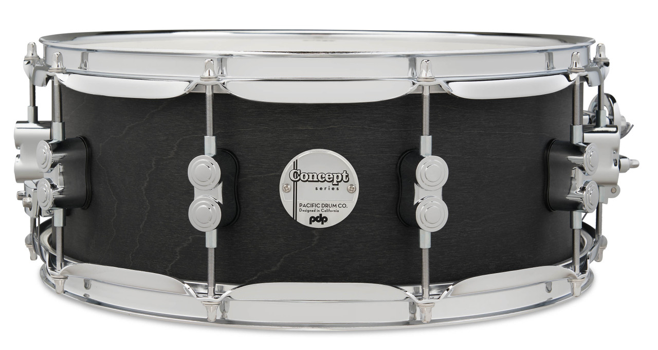 PDP Concept Series 5.5x14 Black Wax Maple Snare Drum in Satin Black finish with chrome hardware, offering warm maple tone, bright attack, and modern look.