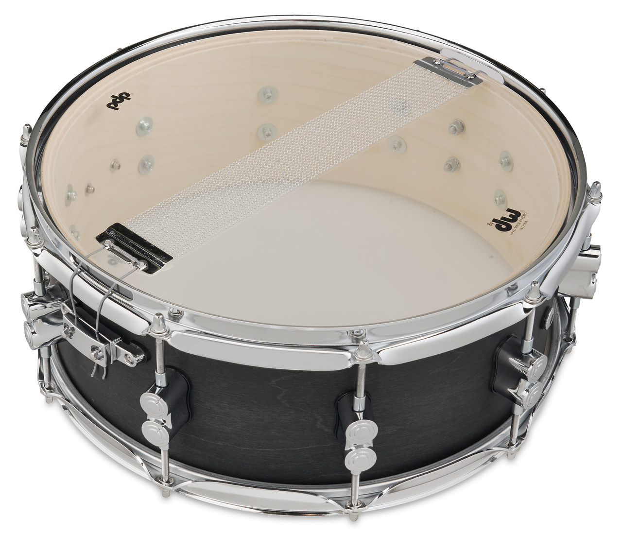 PDP Concept Series 5.5x14 Black Wax Maple Snare Drum in Satin Black finish with chrome hardware, offering warm maple tone, bright attack, and modern look.